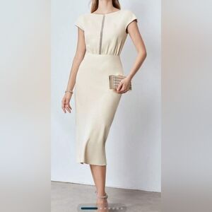 MOTF Cream Sheath Midi Dress with Embellished Front